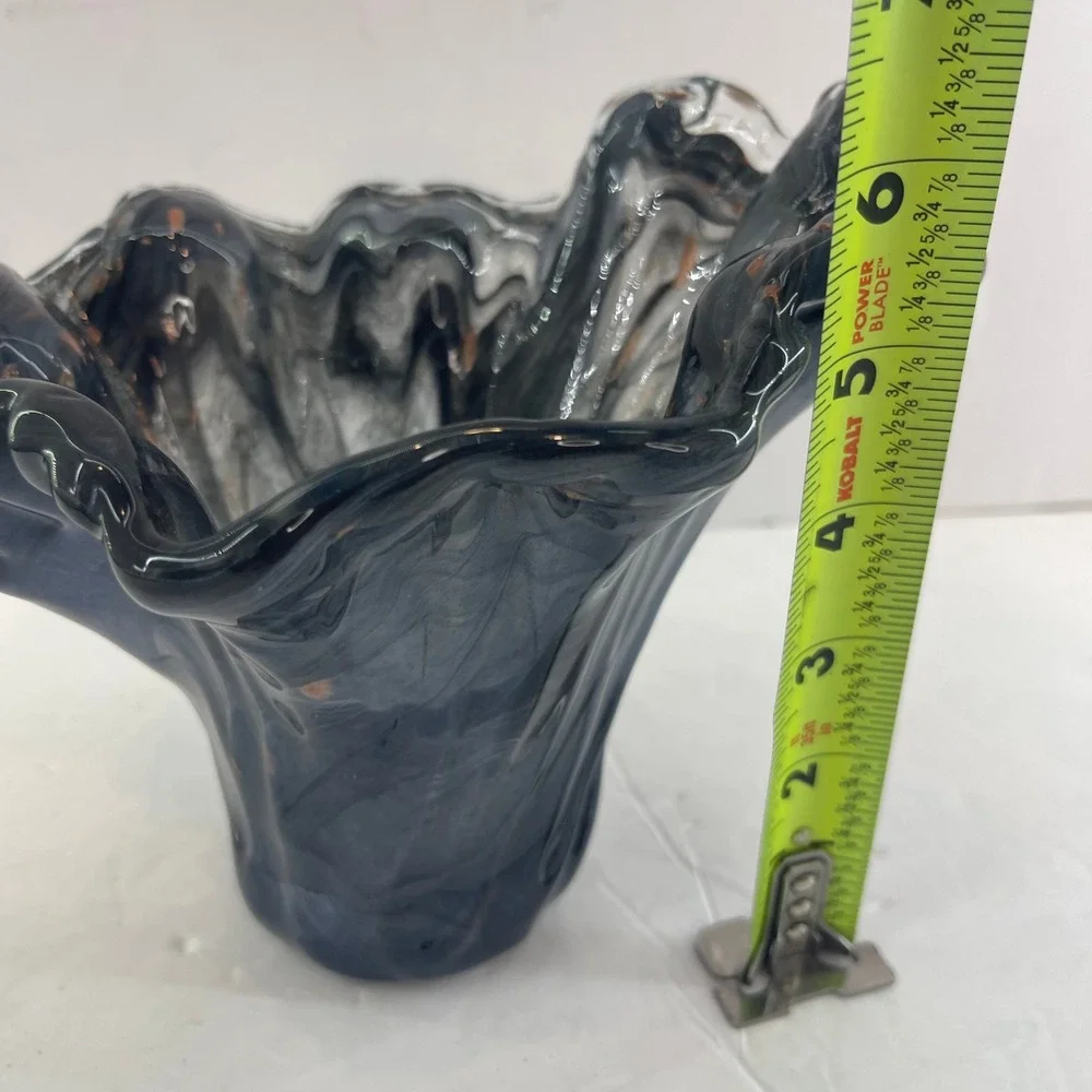 Vintage Murano Style Handkerchief Art Glass Vase Gray‎ Copper Fleck Ruffle
